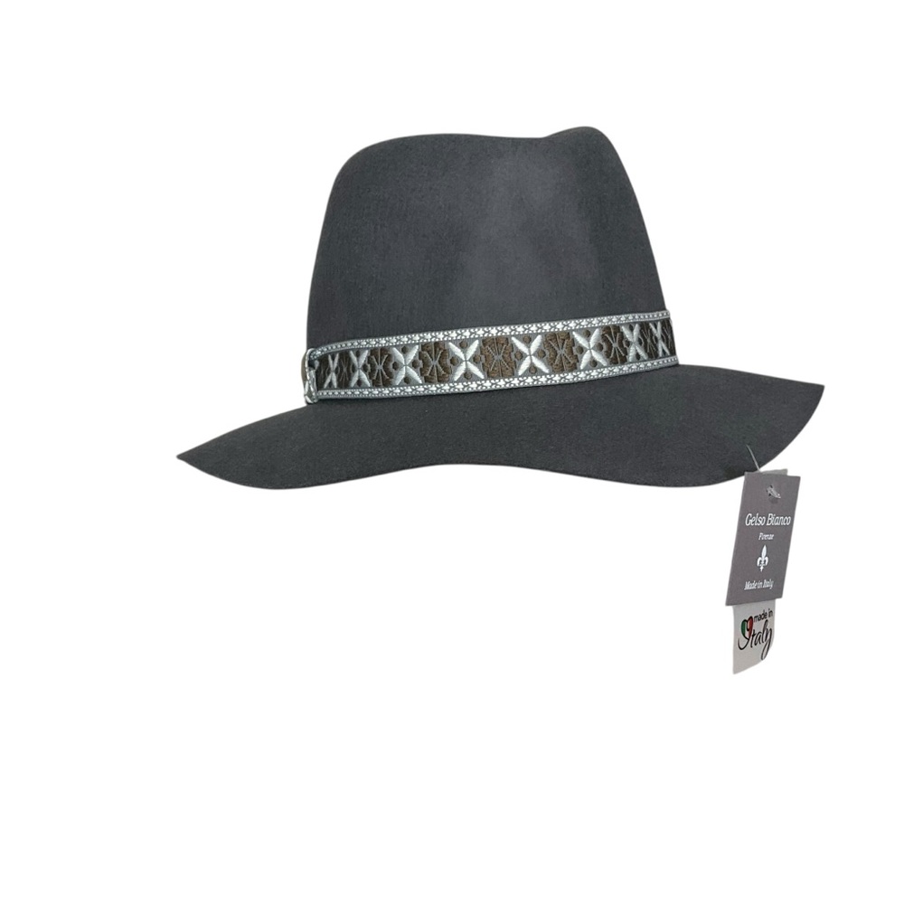 GELSO BIANCO OS 100% Wool Adjustable Fedora Hat Elegant Trim Gray